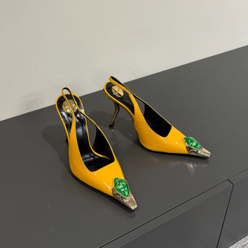 Saint Laurent GREEN GEM-STUDDED SLINGBACK PUMPS IN YELLOW PATENT CALFSKIN