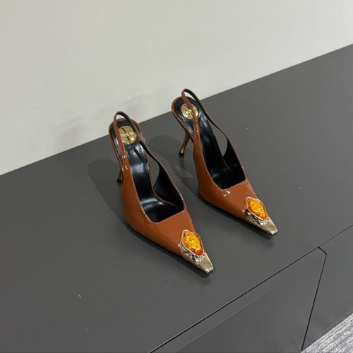 Saint Laurent ORANGE GEM-STUDDED SLINGBACK PUMPS IN BRONZE BROWN PATENT CALFSKIN