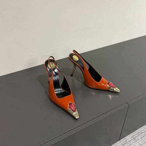 Saint Laurent RED GEM-STUDDED SLINGBACK PUMPS IN ORANGE PATENT CALFSKIN