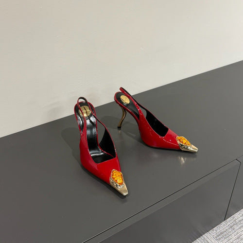 Saint Laurent ORANGE GEM-STUDDED SLINGBACK PUMPS IN RED PATENT CALFSKIN