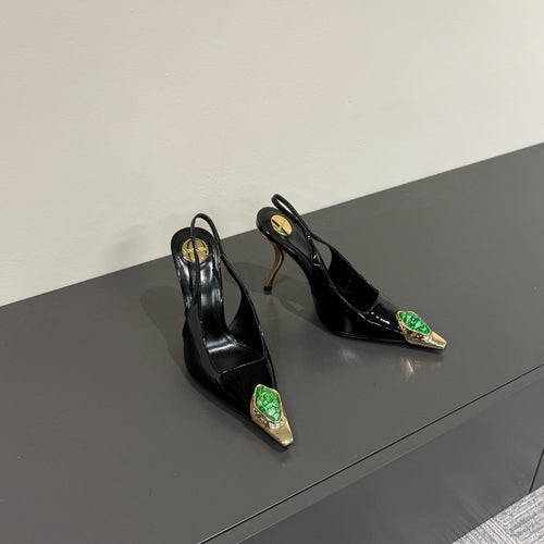 Saint Laurent GREEN GEM-STUDDED SLINGBACK PUMPS IN BLACK PATENT CALFSKIN