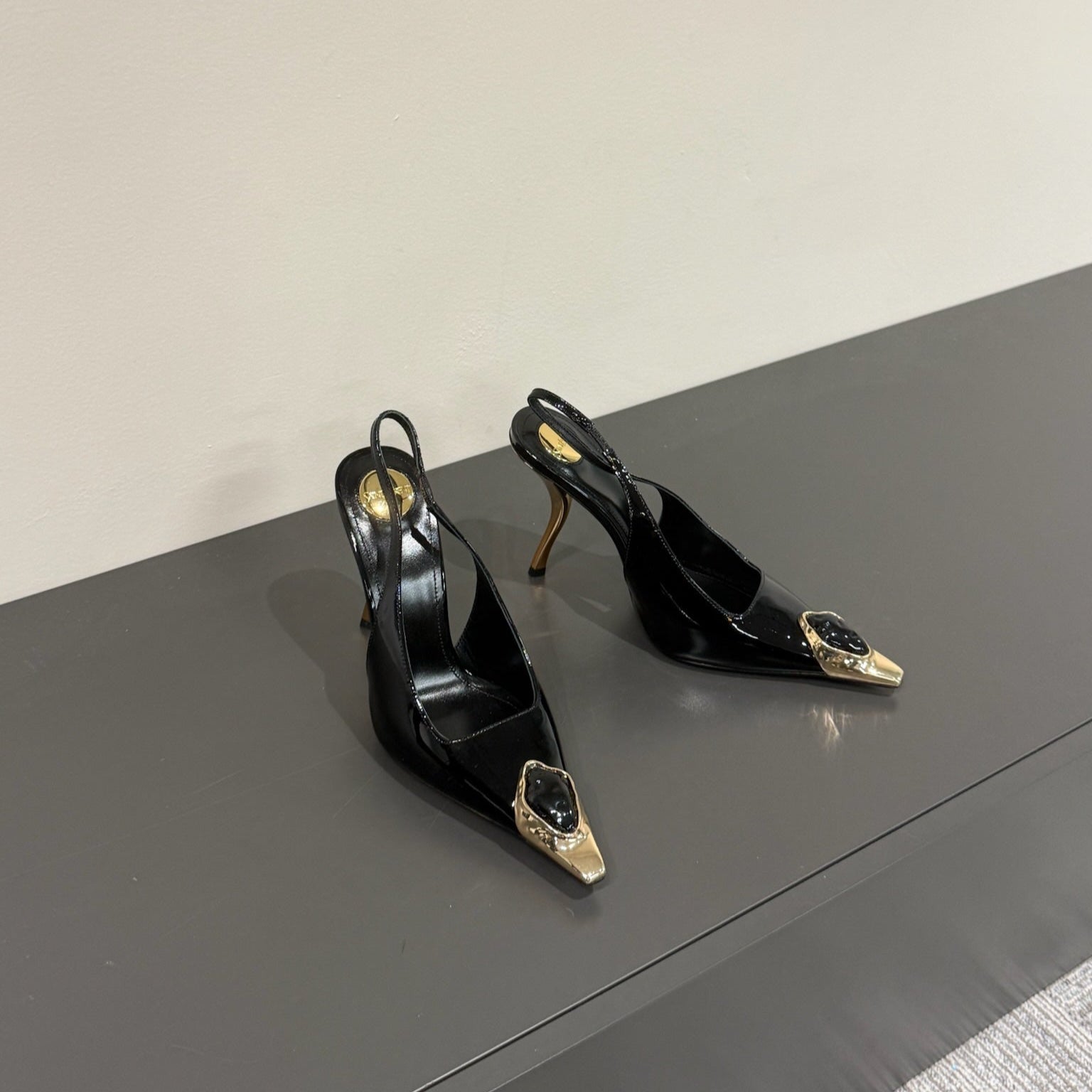 Saint Laurent BLACK GEM-STUDDED SLINGBACK PUMPS IN BLACK PATENT CALFSKIN