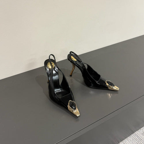 Saint Laurent BLACK GEM-STUDDED SLINGBACK PUMPS IN BLACK PATENT CALFSKIN