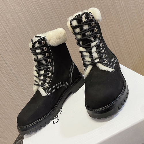 Celine KURT LACE-UP MID BOOT IN BLACK SUEDE AND SHEARLING