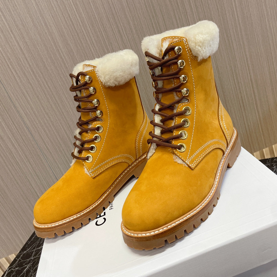 Celine KURT LACE-UP MID BOOT IN PERU BROWN SUEDE AND SHEARLING