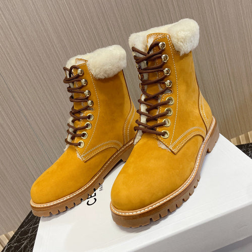 Celine KURT LACE-UP MID BOOT IN PERU BROWN SUEDE AND SHEARLING