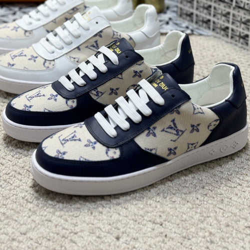 Louis Vuitton TRAINER SNEAKER NAVY BLUE CALFSKIN AND BEIGE MONOGRAM CANVAS
