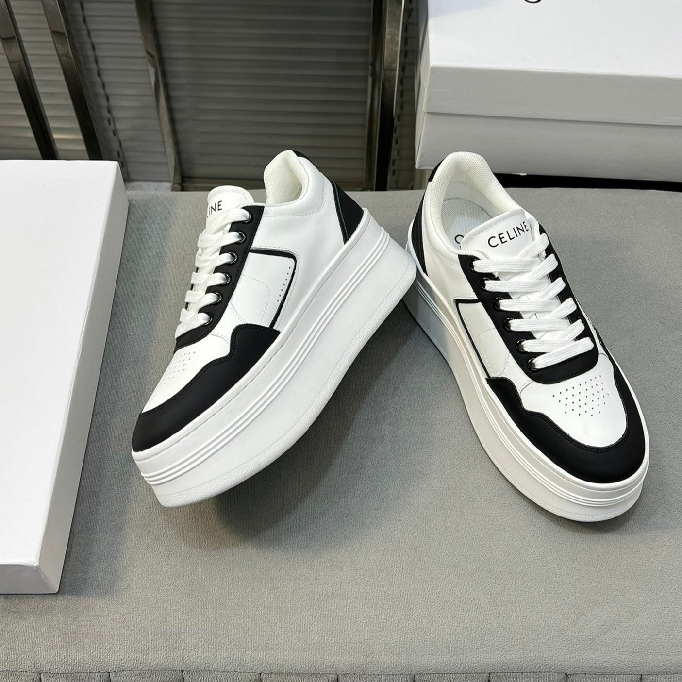 Celine BLOCK SNEAKERS WITH WEDGE OUTSOLE IN CALFSKIN OPTIC BLACK WHITE