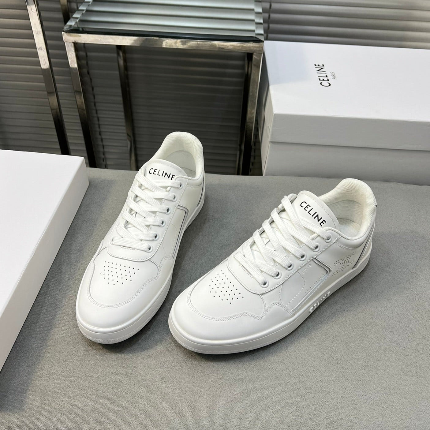 Celine TRAINER LOW LACE-UP SNEAKER IN CALFSKIN, LAMINATED CALFSKIN AND SUEDE CALFSKIN OPTIC WHITE