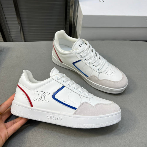 Celine TRAINER LOW LACE-UP SNEAKER IN CALFSKIN, LAMINATED CALFSKIN AND SUEDE CALFSKIN OPTIC WHITE/BLUE/RED/SILVER
