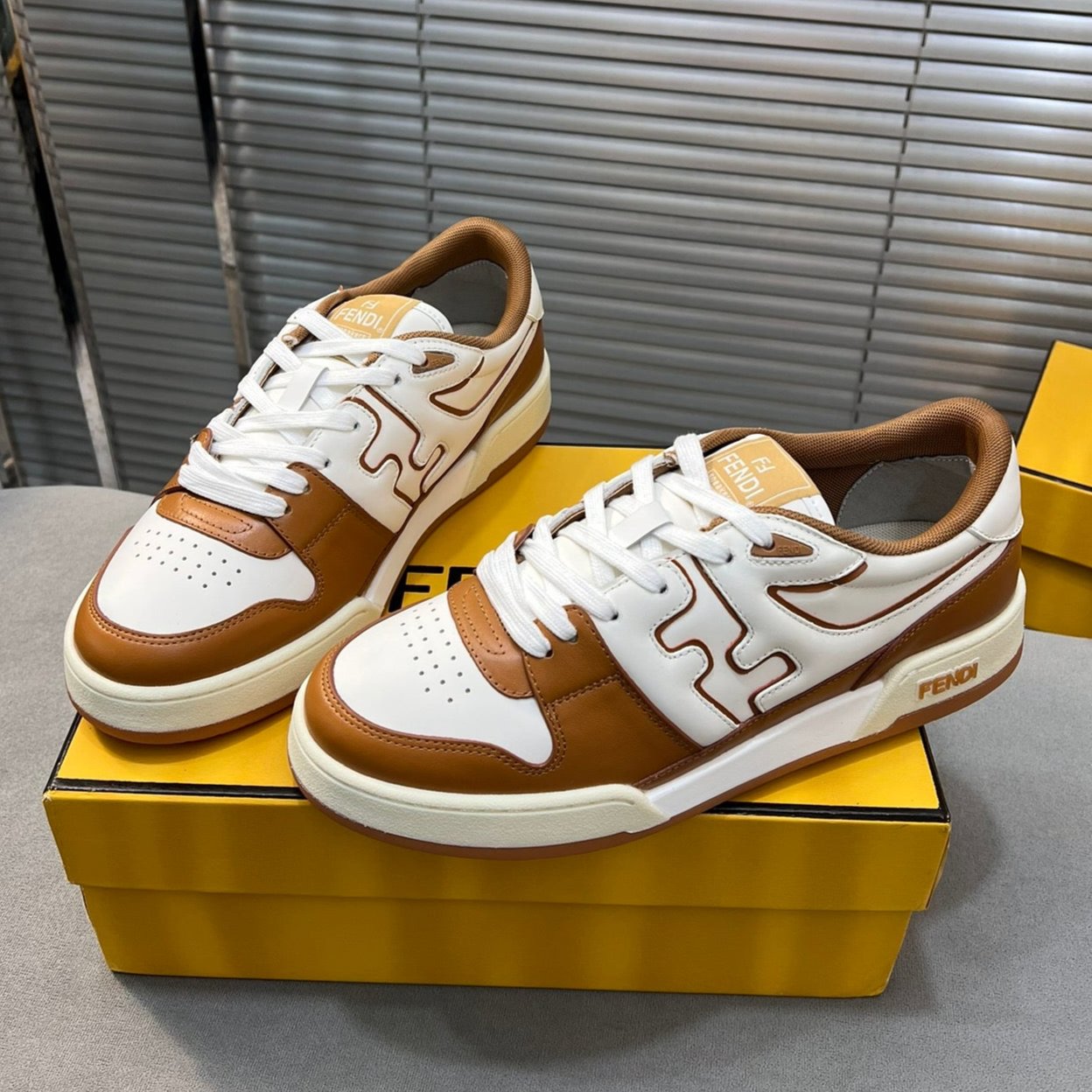 FENDI FENDI MATCH LOW TOPS IN RUSSET BROWN MIX WHITE CALFSKIN AND MESH
