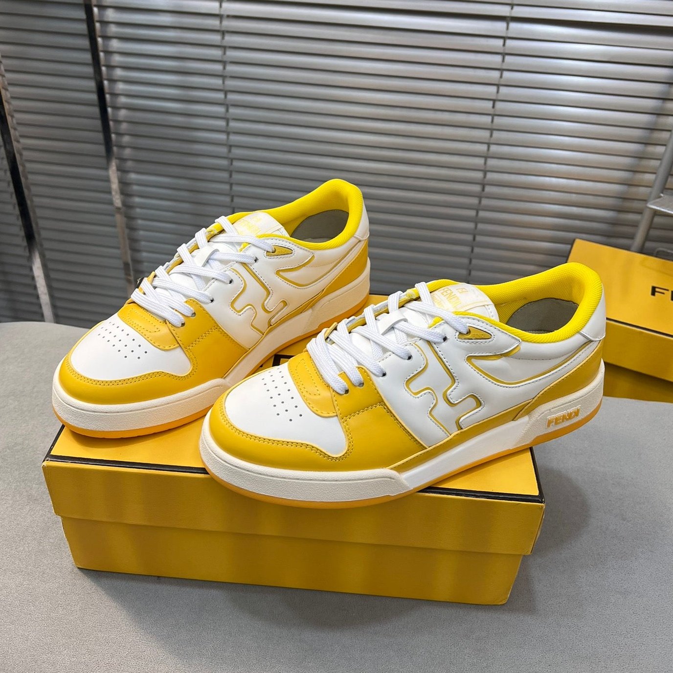 FENDI FENDI MATCH LOW TOPS IN BRIGHT YELLOW MIX WHITE CALFSKIN AND MESH