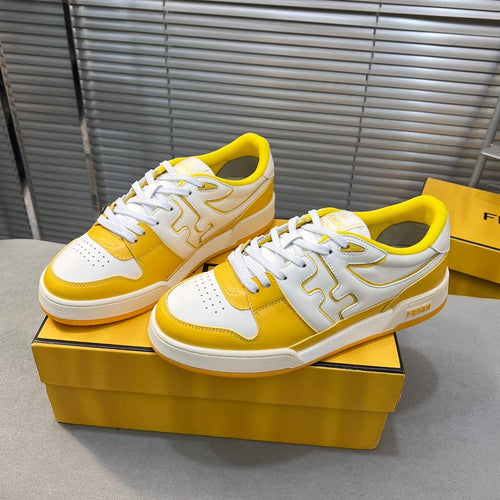 FENDI FENDI MATCH LOW TOPS IN BRIGHT YELLOW MIX WHITE CALFSKIN AND MESH