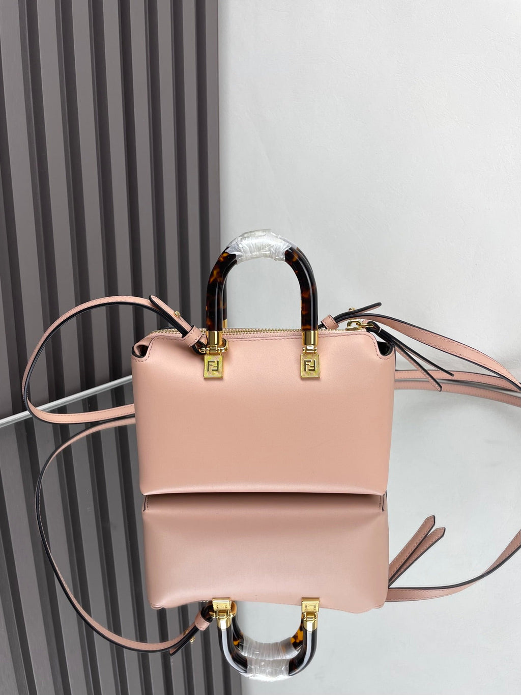 FENDI BY THE WAY MINI 18 IN ROSE FOG EMBOSSED CALFSKIN GOLD HARDWARE