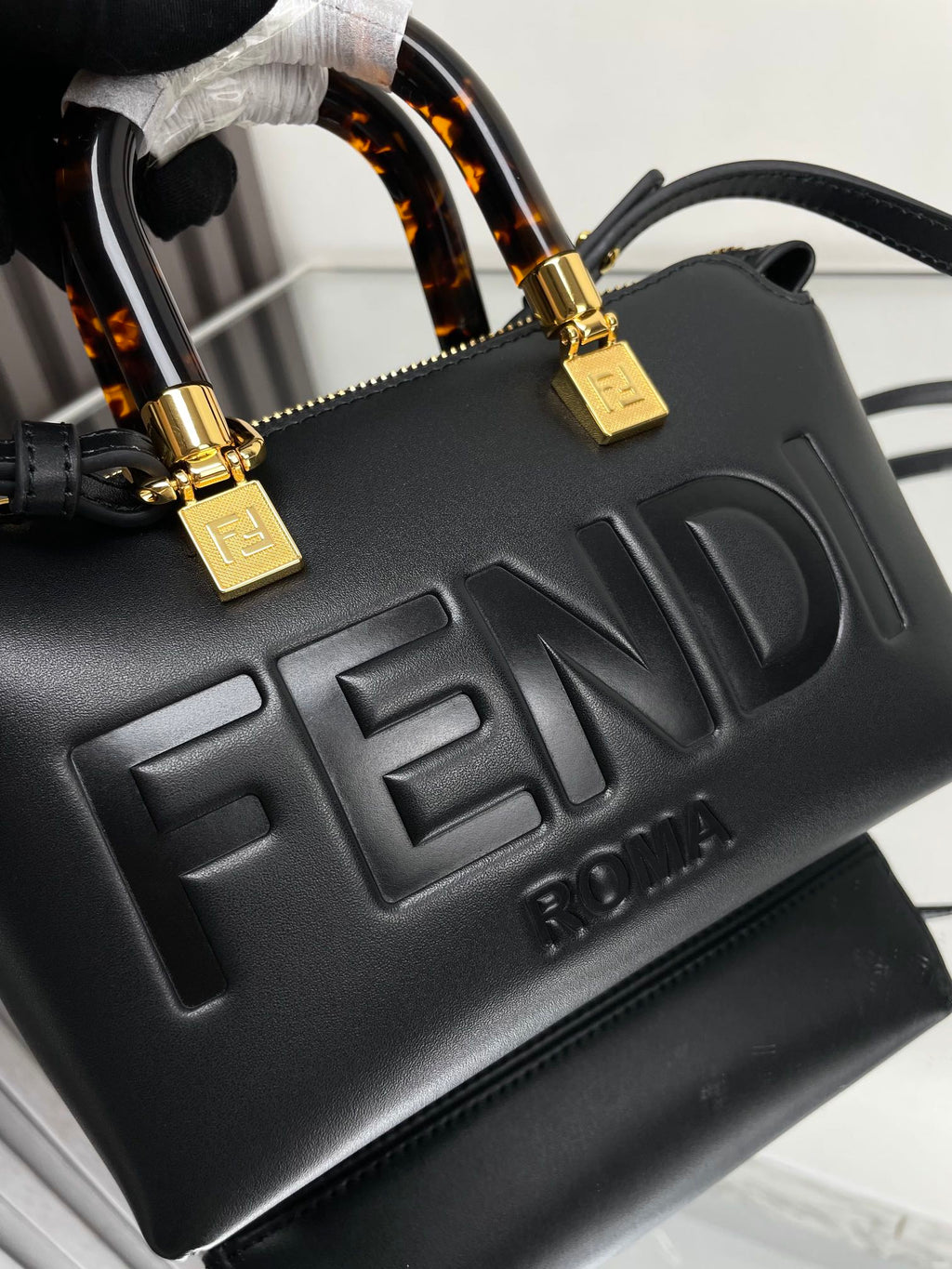 FENDI BY THE WAY MINI 18 IN BLACK EMBOSSED CALFSKIN GOLD HARDWARE