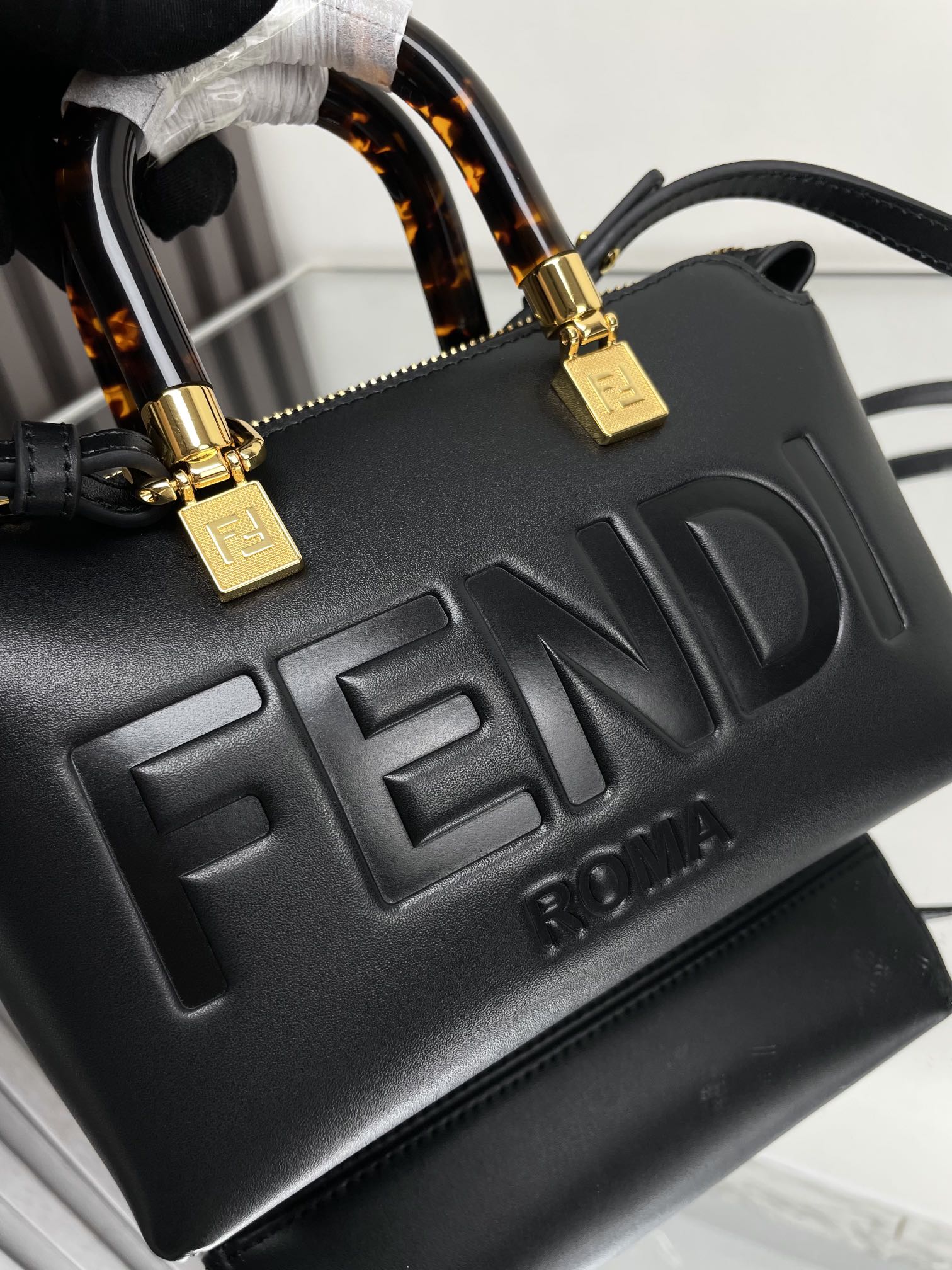FENDI BY THE WAY MINI 18 IN BLACK EMBOSSED CALFSKIN GOLD HARDWARE