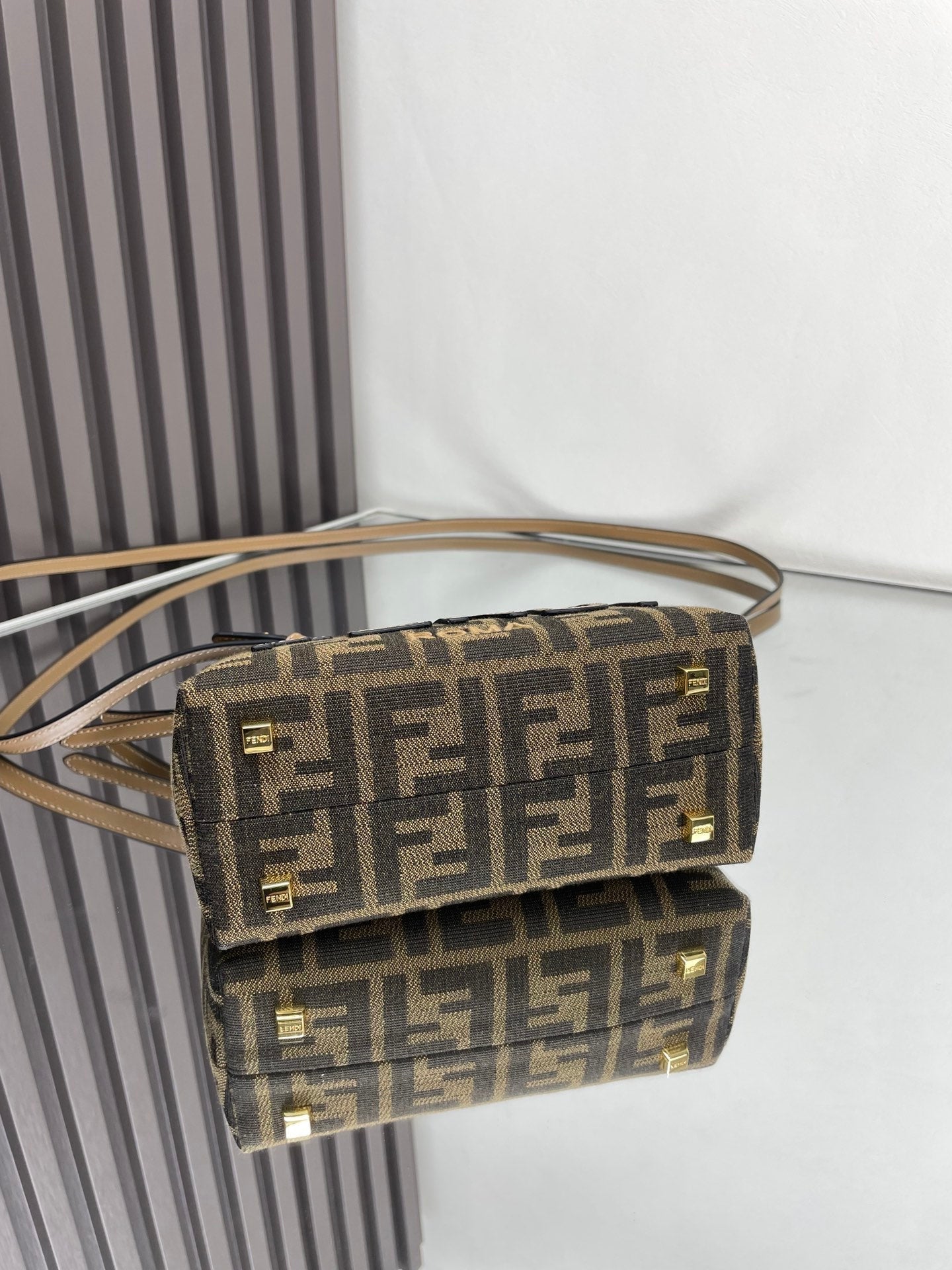 FENDI BY THE WAY MINI 18 IN SOYA BEAN JACQUARD FABRIC AND BROWN CALFSKIN TRIM