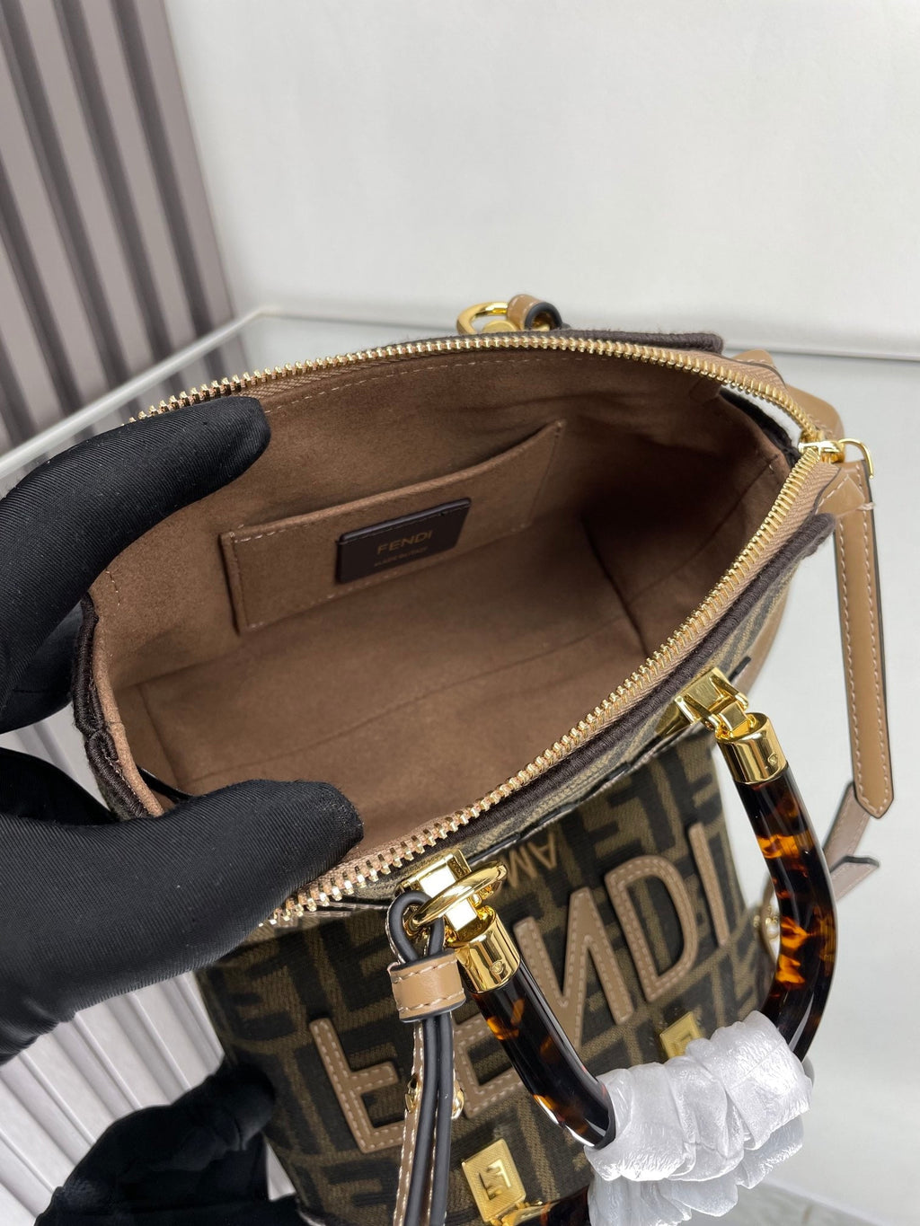 FENDI BY THE WAY MINI 18 IN SOYA BEAN JACQUARD FABRIC AND BROWN CALFSKIN TRIM