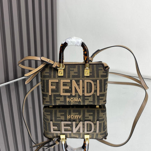 FENDI BY THE WAY MINI 18 IN SOYA BEAN JACQUARD FABRIC AND BROWN CALFSKIN TRIM