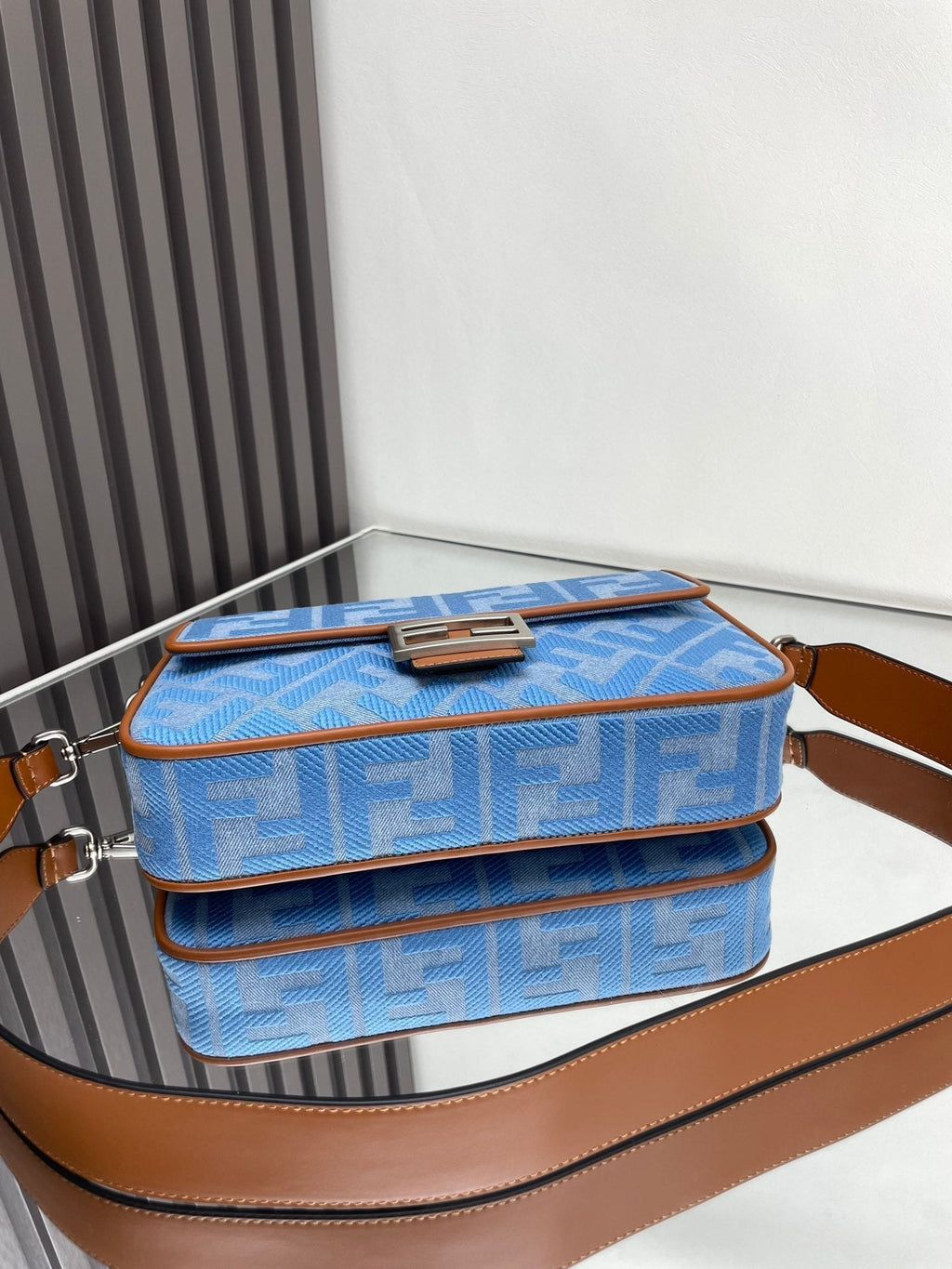 FENDI Fend Baguette Blue Brown Canvas Bag 27 with FF Embroidery Ghw