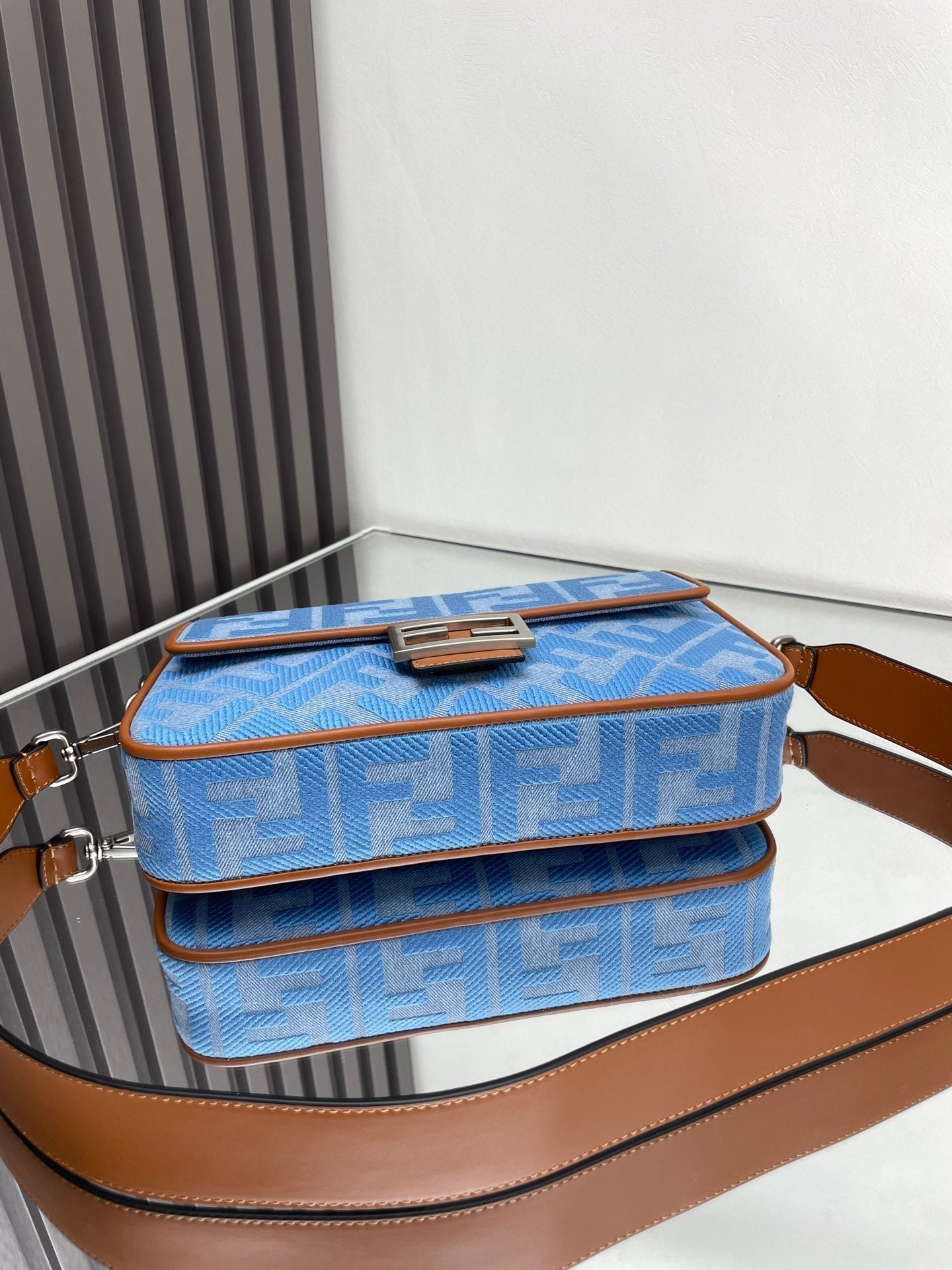 FENDI Fend Baguette Blue Brown Canvas Bag 27 with FF Embroidery Ghw