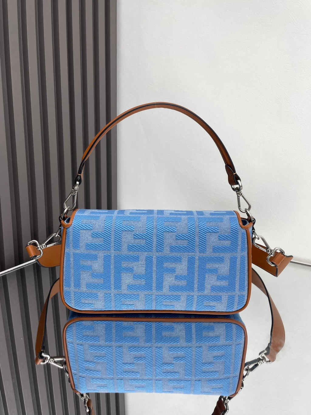 FENDI Fend Baguette Blue Brown Canvas Bag 27 with FF Embroidery Ghw