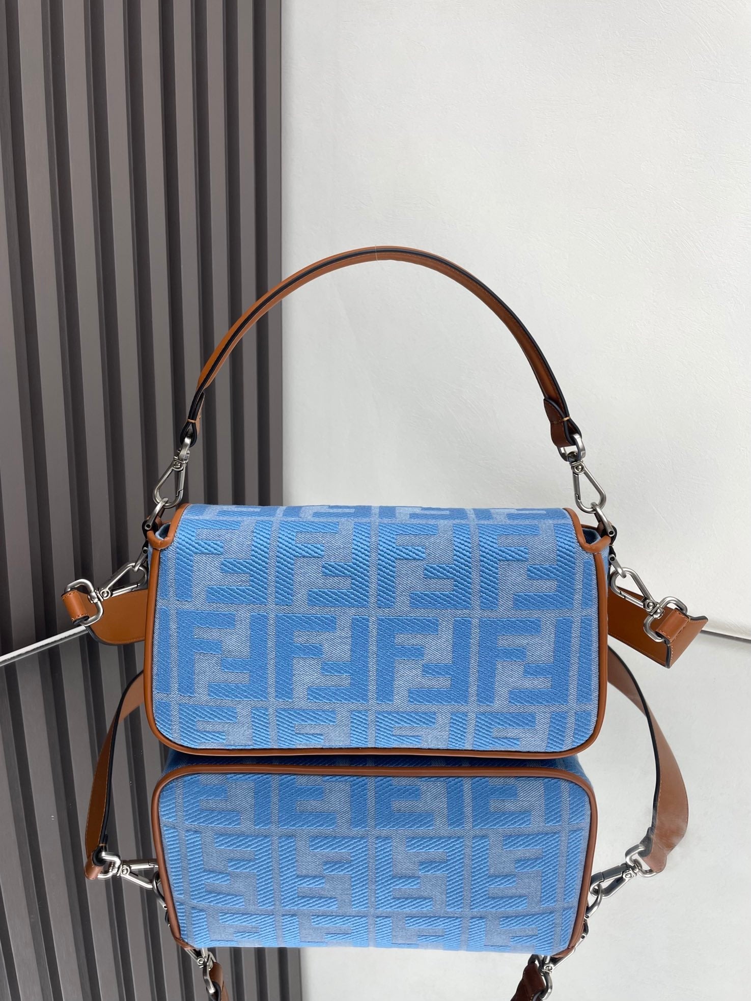 FENDI Fend Baguette Blue Brown Canvas Bag 27 with FF Embroidery Ghw