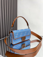 FENDI Fend Baguette Blue Brown Canvas Bag 27 with FF Embroidery Ghw