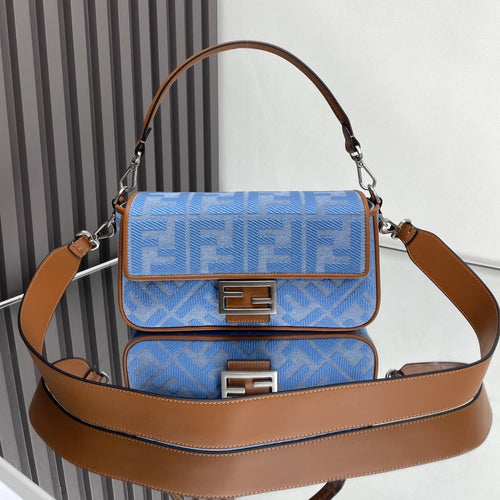 FENDI Fend Baguette Blue Brown Canvas Bag 27 with FF Embroidery Ghw
