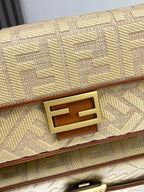 FENDI Fend Baguette Gold Tan Canvas Bag 27 with FF Embroidery Ghw