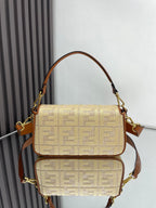 FENDI Fend Baguette Gold Tan Canvas Bag 27 with FF Embroidery Ghw
