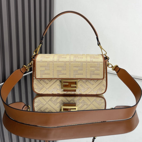 FENDI Fend Baguette Gold Tan Canvas Bag 27 with FF Embroidery Ghw