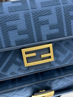 FENDI Fend Baguette Blue Canvas Bag 27 with FF Embroidery Ghw