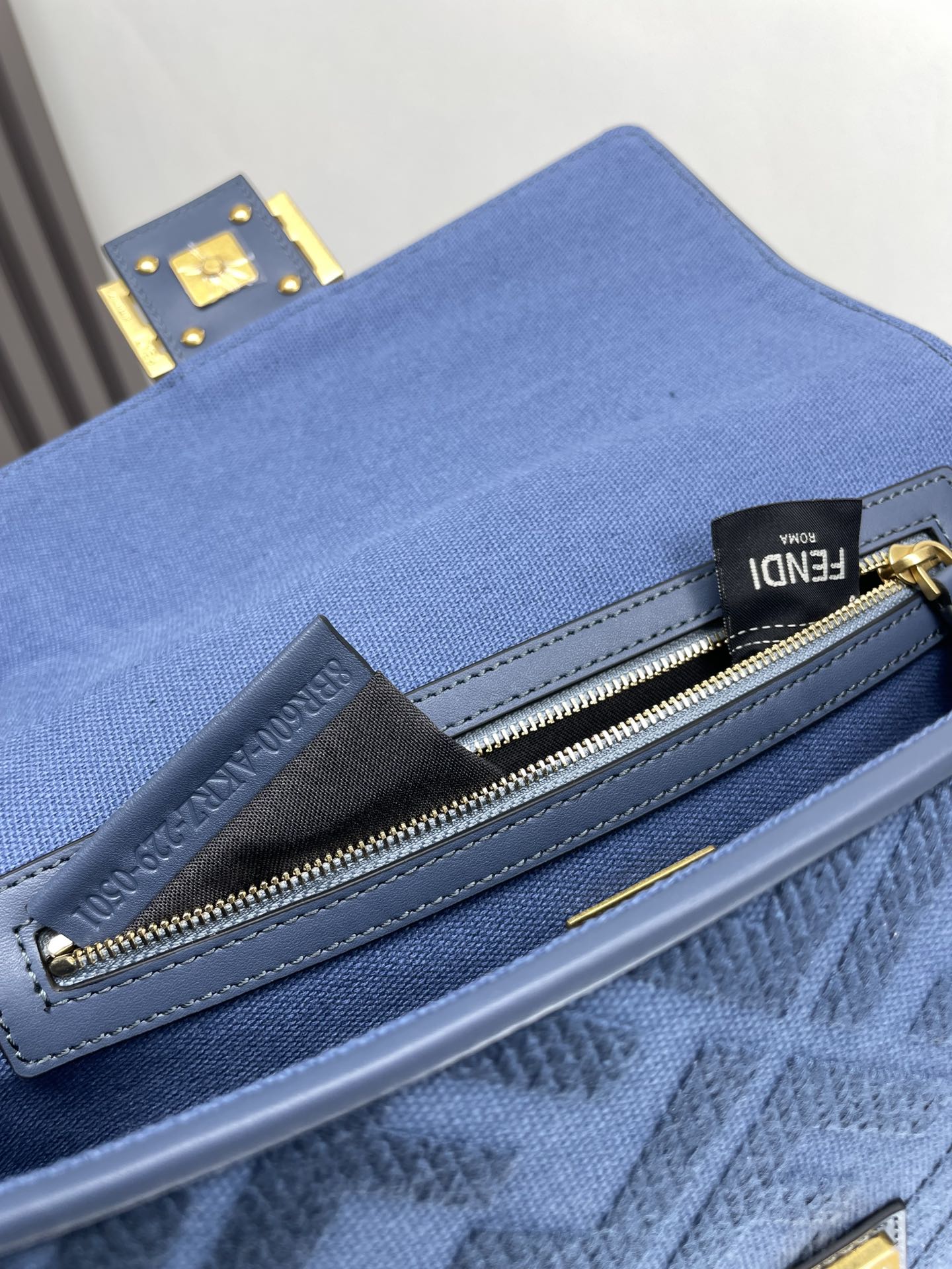 FENDI Fend Baguette Blue Canvas Bag 27 with FF Embroidery Ghw