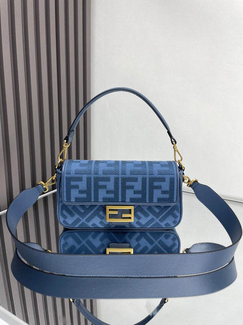 FENDI Fend Baguette Blue Canvas Bag 27 with FF Embroidery Ghw