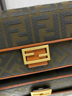 FENDI Fend Baguette Green Canvas Bag 27 with FF Embroidery Ghw