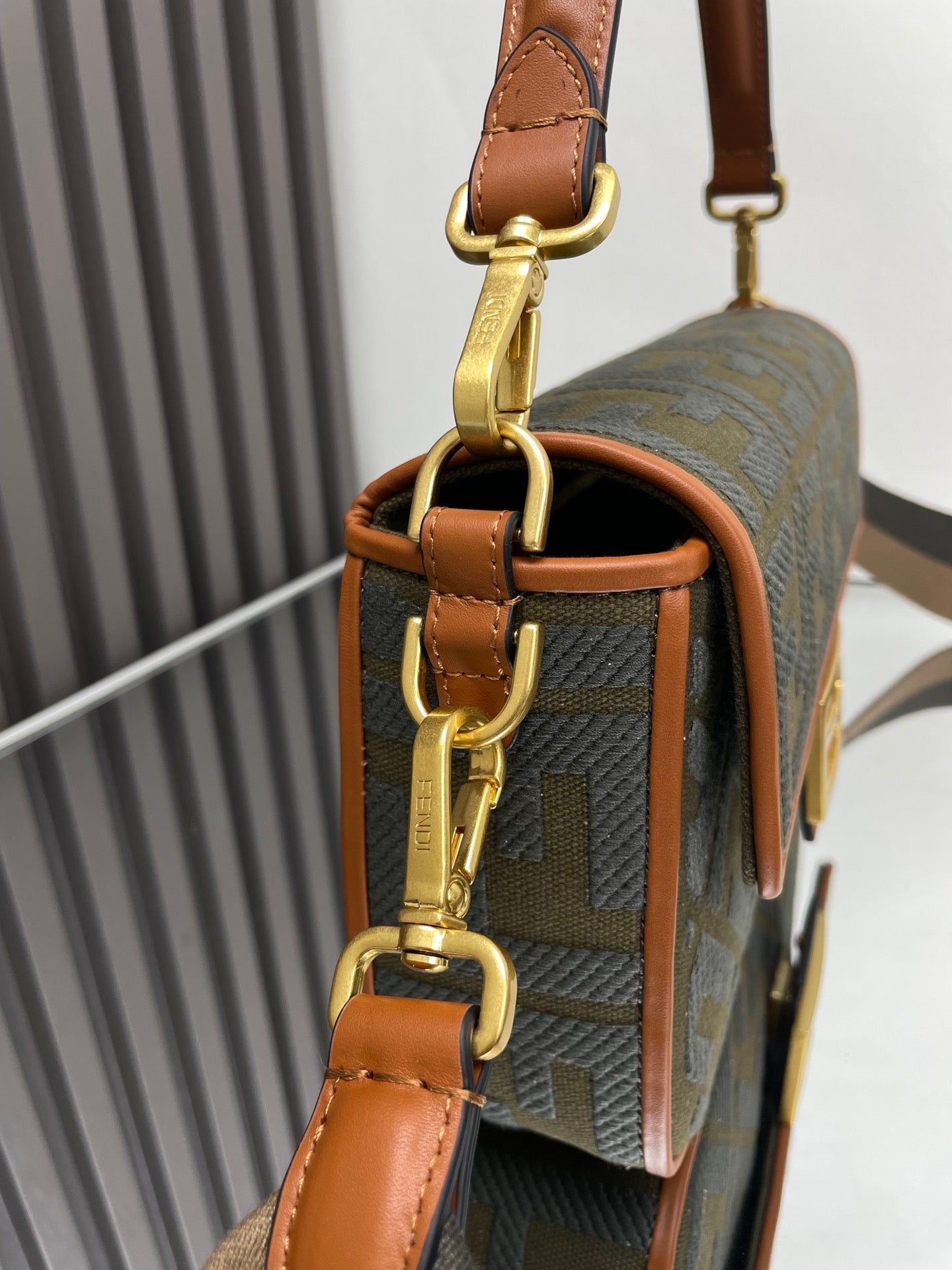 FENDI Fend Baguette Green Canvas Bag 27 with FF Embroidery Ghw