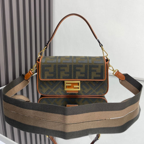 FENDI Fend Baguette Green Canvas Bag 27 with FF Embroidery Ghw
