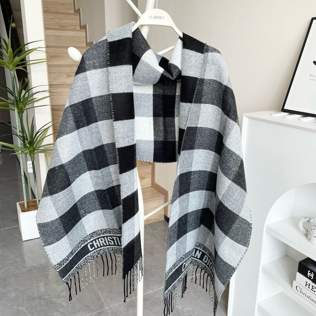 DIOR CHECK SCARF 180 CM IN BLACK MIX WHITE CASHMERE AND WOOL 415299