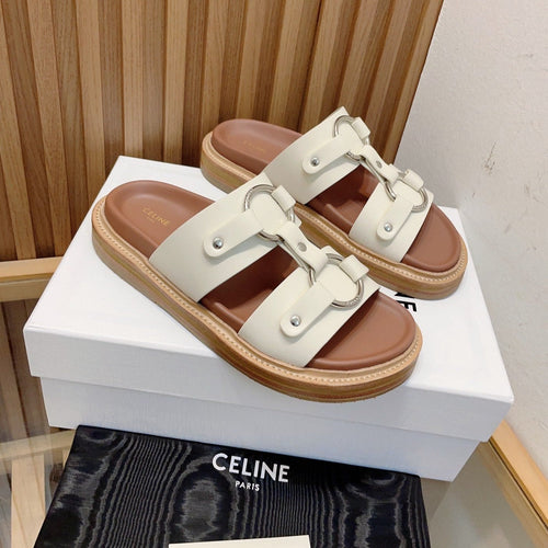 Celine DAD SANDALS WHITE BROWN CALFSKIN