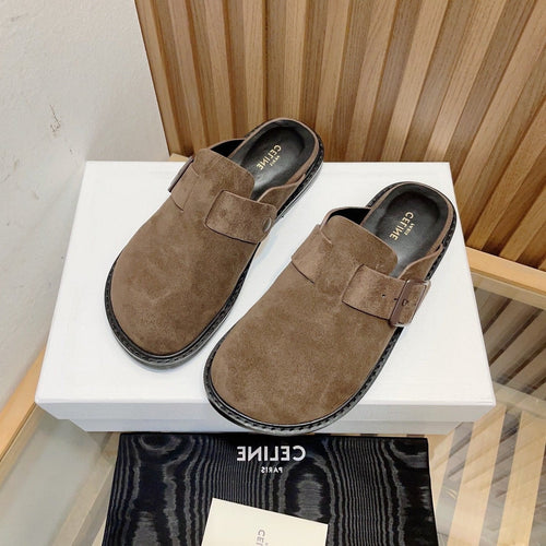 Celine Slippers Buckle Detail Suede  Caramel Brown