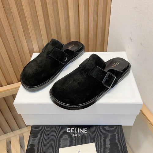 Celine Slippers Buckle Detail Suede Black