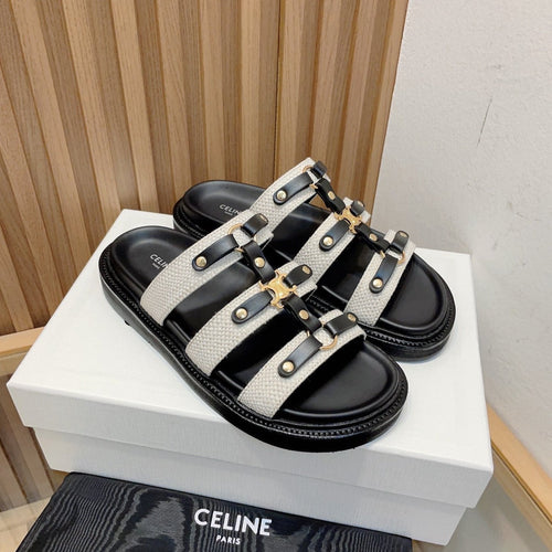 Celine tippi slide sandal white black canvas calfskin