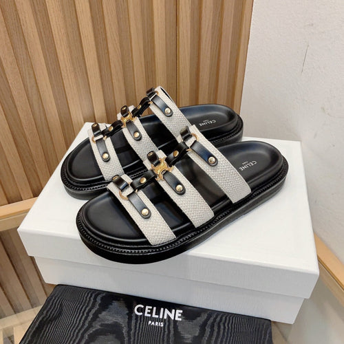 Celine TIPPI SLIDE IN CANVAS & CALFSKIN NATURAL WHITE / BLACK