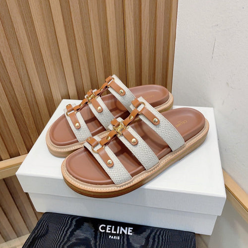 Celine tippi slide sandal white brown canvas calfskin