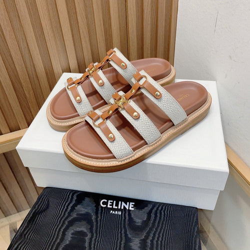 Celine TIPPI SLIDE IN CANVAS & CALFSKIN NATURAL WHITE / TAN