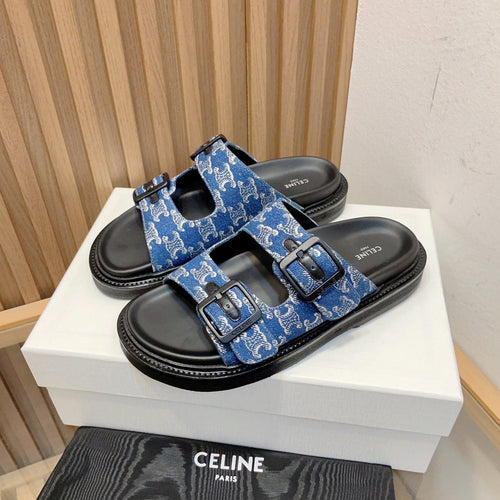 Celine TWIN-STRAP SANDALS WITH SUEDE UPPERS AND BUCKLE CLOSURE COBALT BLUE BLACK CARO