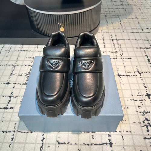 PRADA BRUSHED MONOLITH LOAFERS BLACK LAMBSKIN