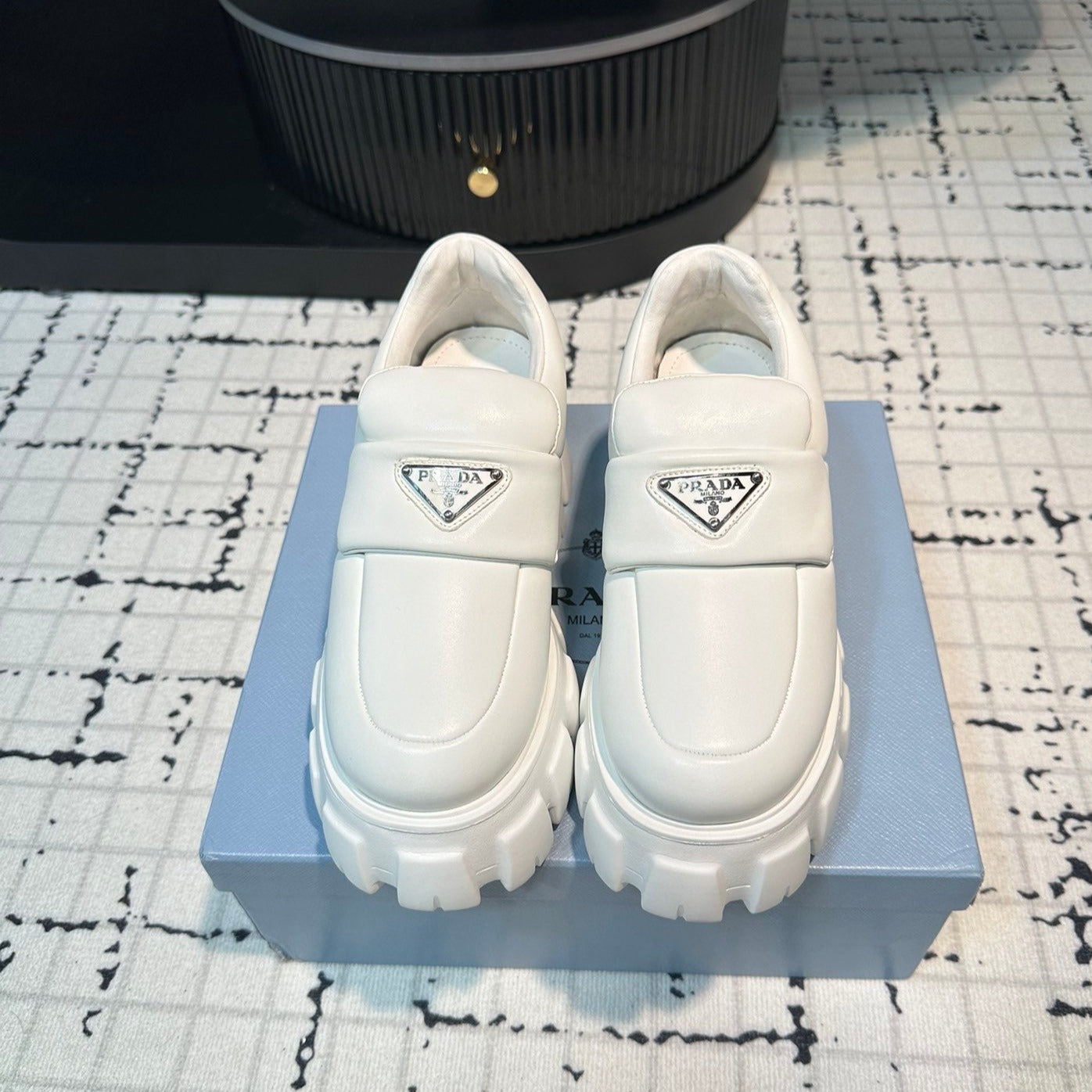 PRADA BRUSHED MONOLITH LOAFERS WHITE LAMBSKIN