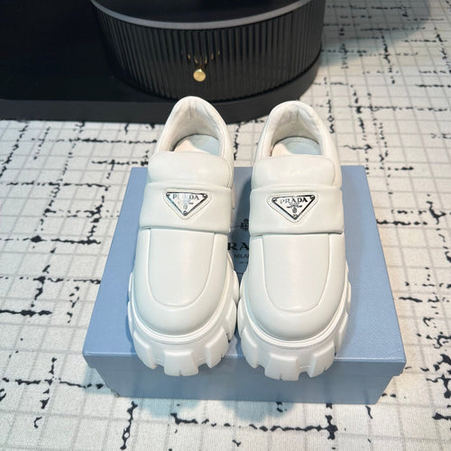 PRADA BRUSHED MONOLITH LOAFERS WHITE LAMBSKIN